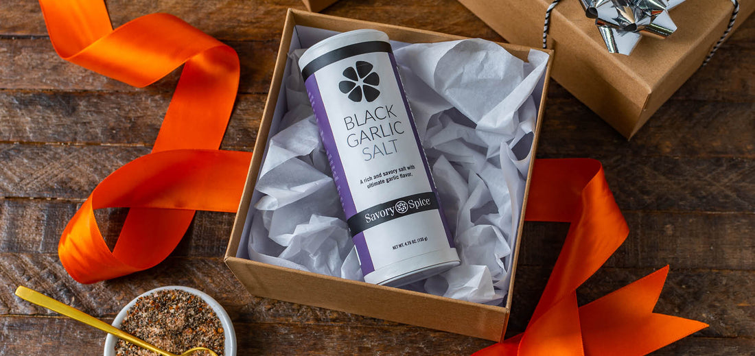 Black Garlic Salt in a box with ribbon