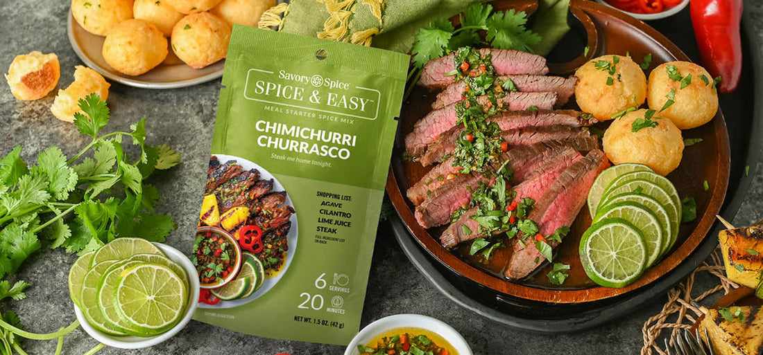 Chimichurri Churrasco Spice & Easy Mix with finished dish in the background