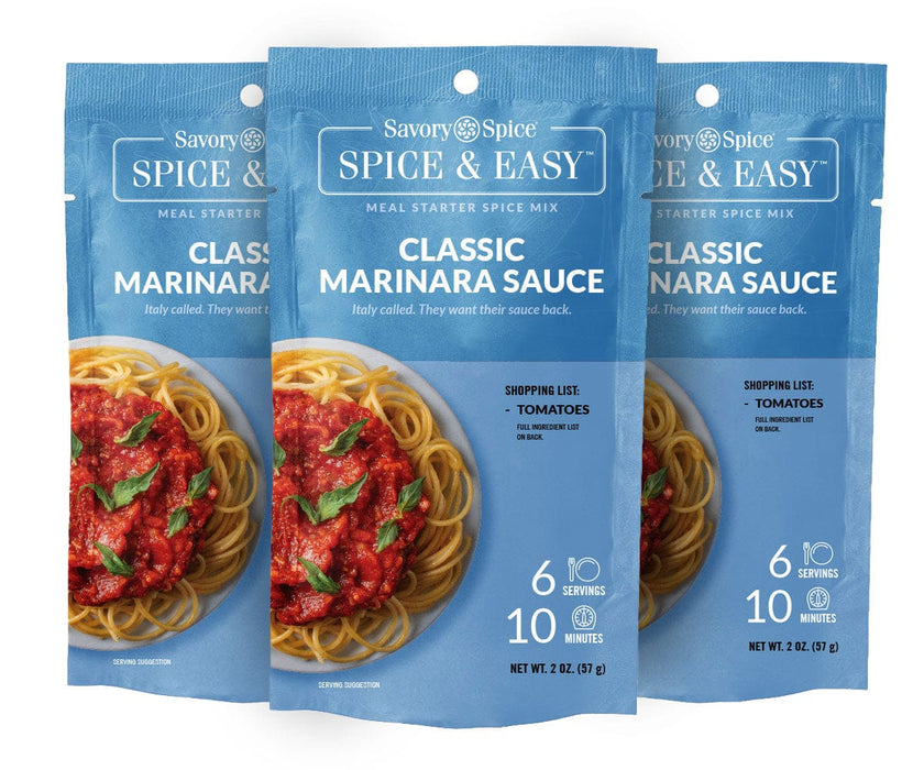 Three packets of Classic Marinara Sauce Spice & Easy on white