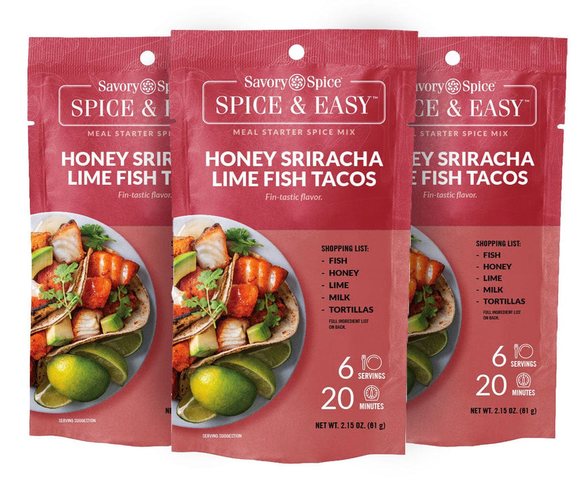 Three packets of Honey Sriracha Lime Fish Tacos Spice & Easy on white