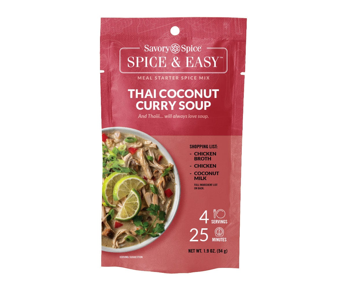 Front of Thai Coconut Curry Soup Spice & Easy packet on white