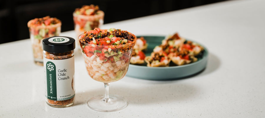 Garlic Chile Crunch Shrimp Ceviche Cups with Watermelon-Cucumber Salsa