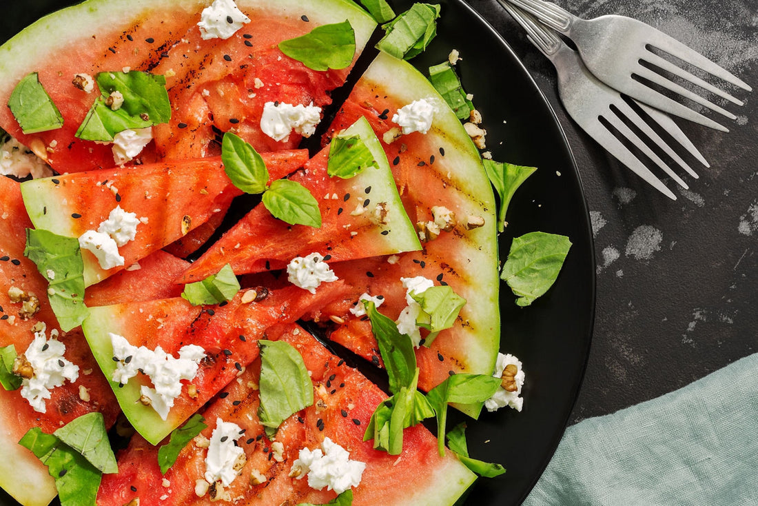 Grilled Watermelon “Caprese” Wedges with Pomegranate Molasses Vinaigrette
