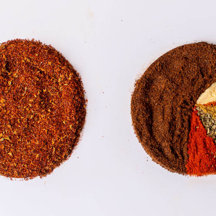 Circle of Chili Powder on left. Pie chart of chili powder ingredients on right.
