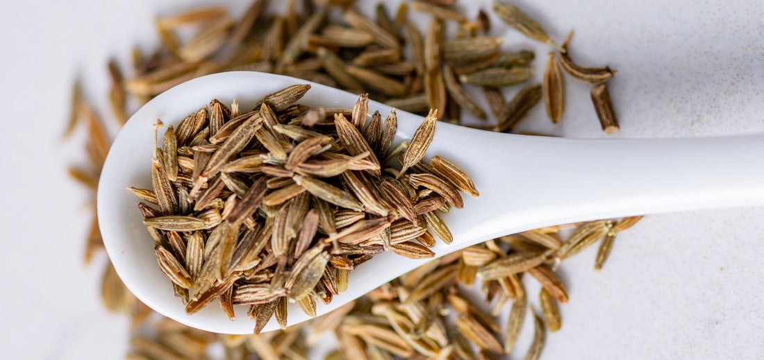 Spoon on white background with whole cumin seeds
