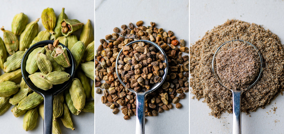 Spoons with cardamom pods, cardamom seeds, and ground cardamom