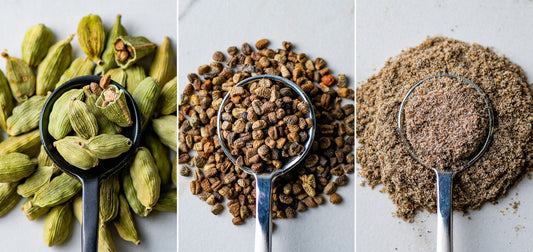 Spoons with cardamom pods, cardamom seeds, and ground cardamom