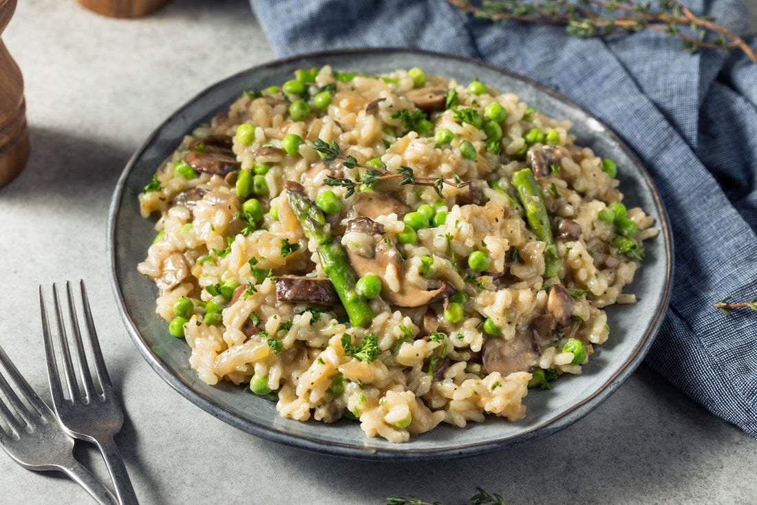 Elevated Mushroom Asparagus Risotto with Roasted Veggies