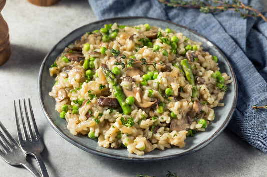 Elevated Mushroom Asparagus Risotto with Roasted Veggies