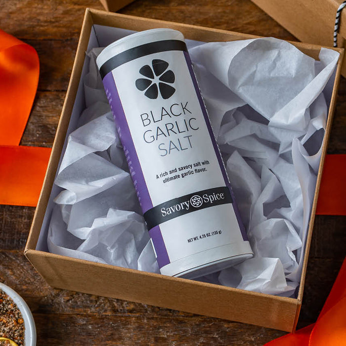 Black Garlic Salt in a box with ribbon