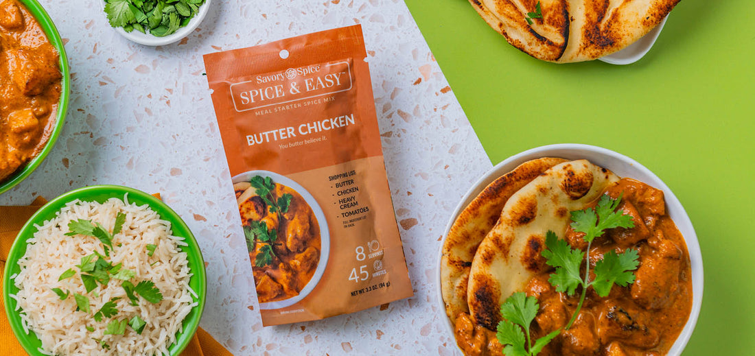 Butter Chicken Spice & Easy with finished Butter Chicken dish and bowl of rice