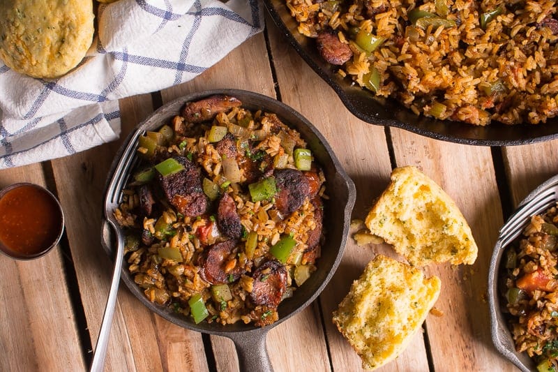 Crispy Rice Jambalaya with Chive Corn Muffins