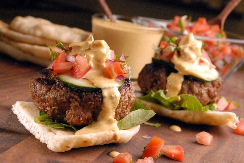 Lamb Burger with Cucumber Ghost Curry Sauce