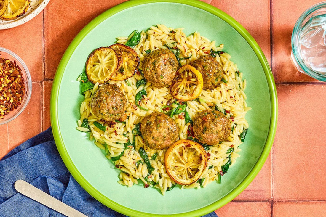 Tzatziki Lamb Meatballs with Lemon & Spinach Orzo