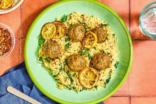 Tzatziki Lamb Meatballs with Lemon & Spinach Orzo