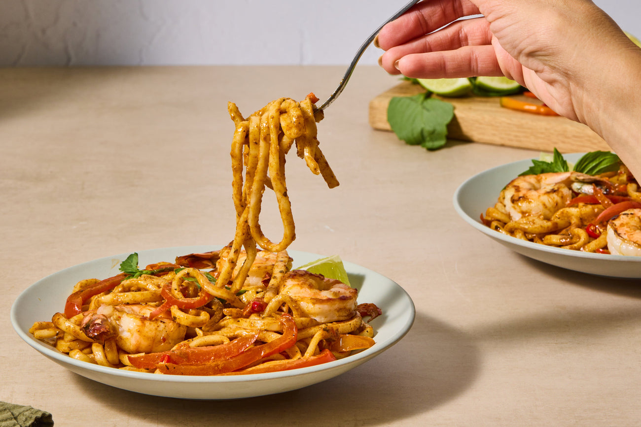 Red Thai Curry Alfredo with Udon Noodles and Seared Shrimp