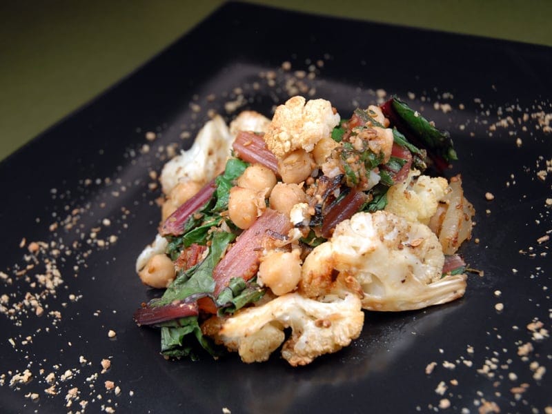 Roasted Cauliflower with Chard, Chickpeas and Dukka