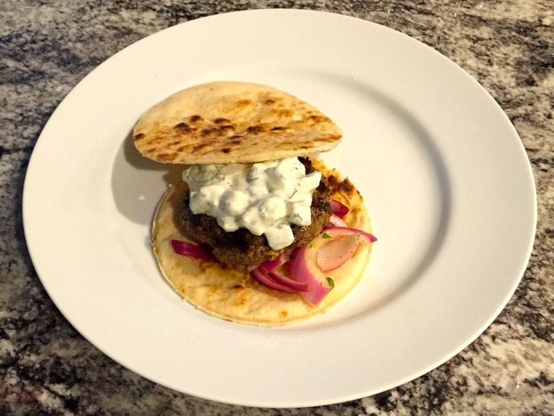 Vindaloo Burgers with Cucumber Raita and Pickled Onions