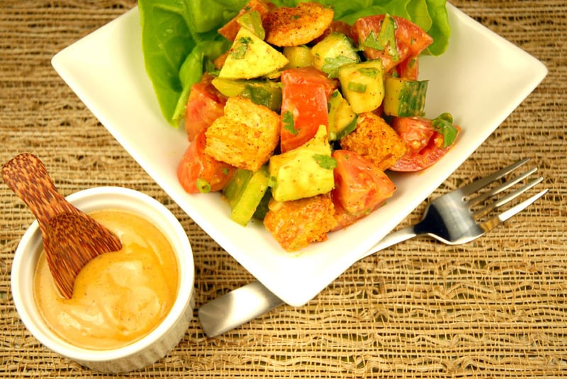 Gazpacho Salad with Avocado Dressing and Achiote Croutons