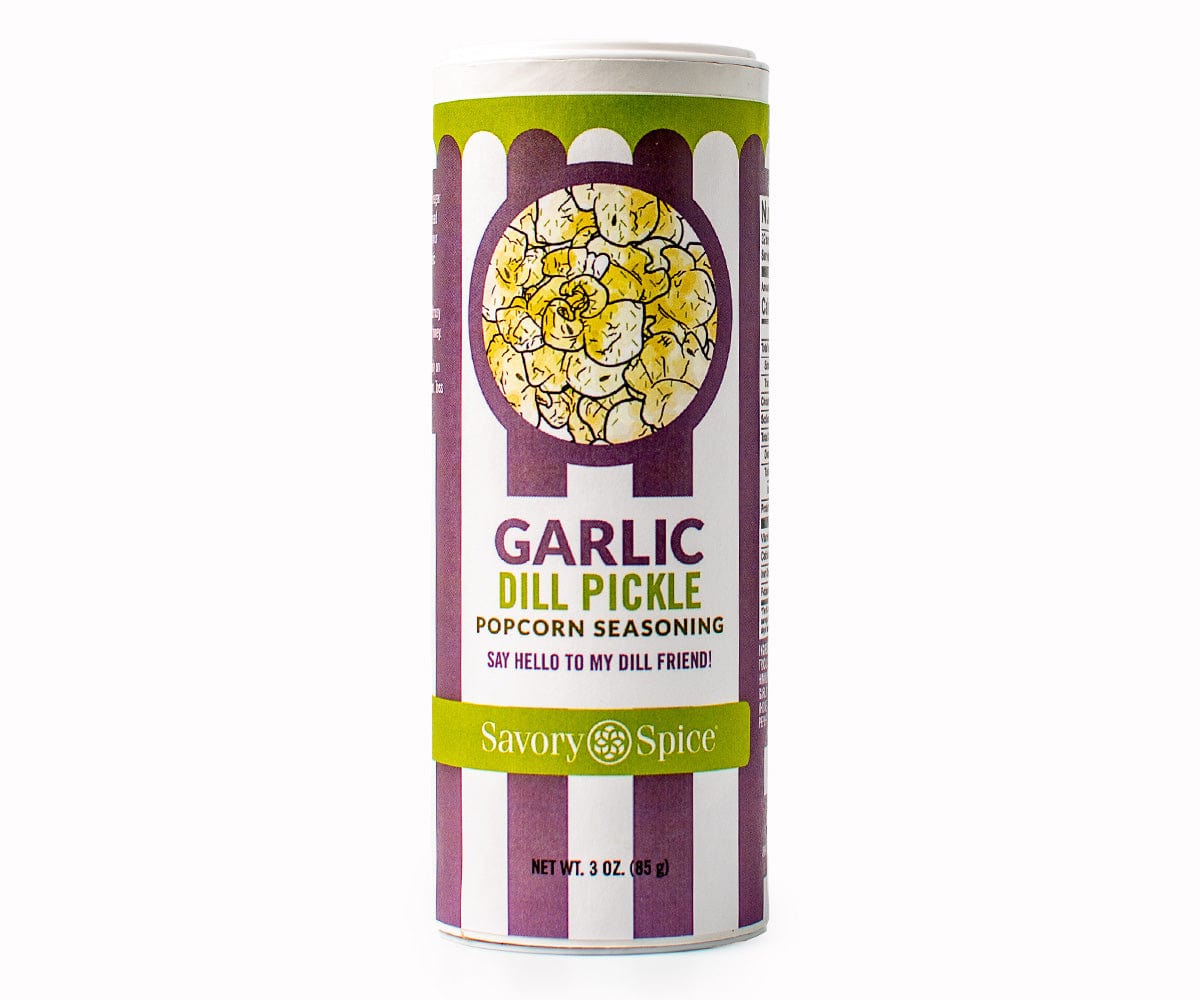 Garlic Dill Pickle Popcorn Seasoning canister with purple stripes, picture of popcorn, and green highlights