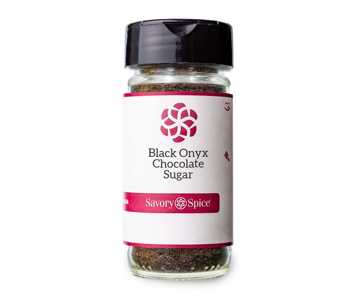 Medium jar of Black Onyx Chocolate Sugar on white background