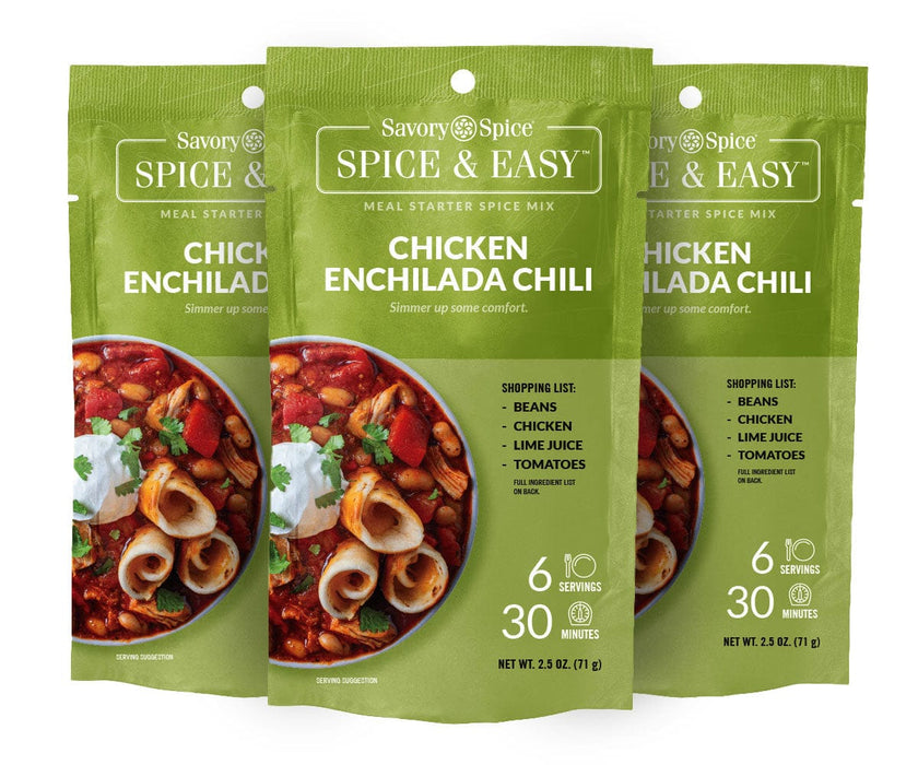 Three packets of Chicken Enchilada Chili packets on white