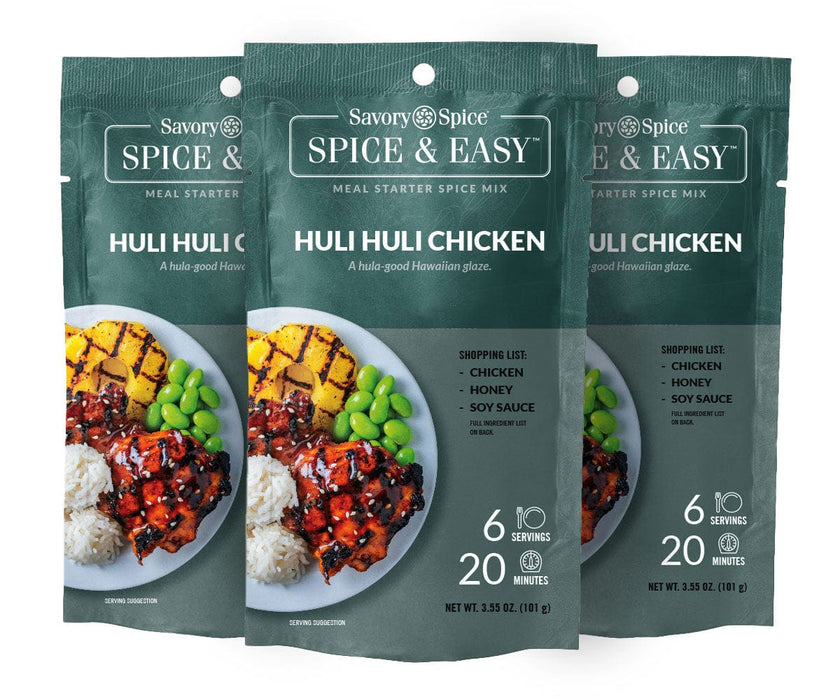 Three packets of Huli Huli Chicken Spice & Easy on white