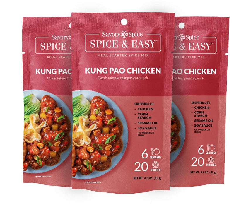Three packs of Kung Pao Chicken Spice & Easy on white