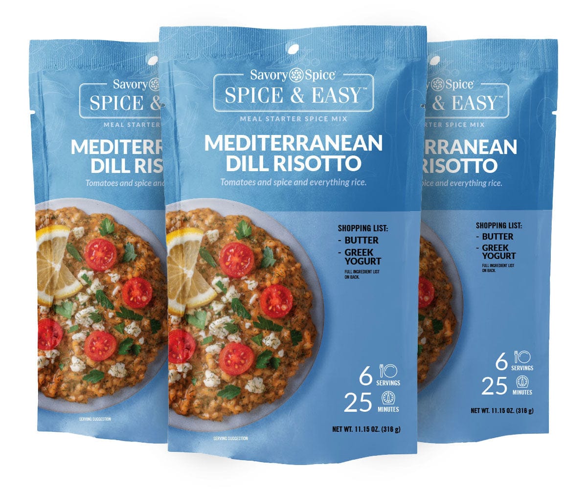 Three packets of Mediterranean Dill Risotto Spice & Easy on white