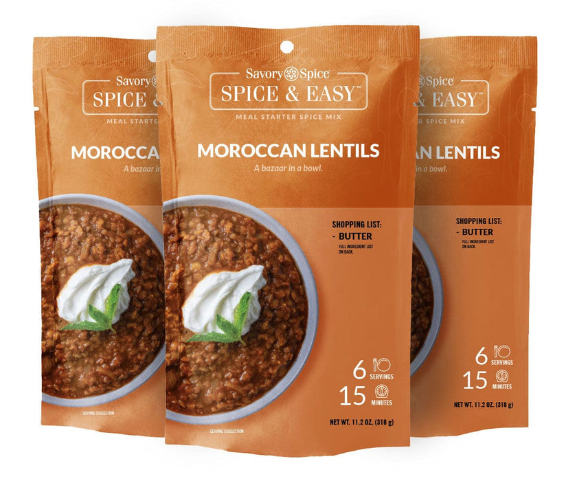Three packets of Moroccan Lentils Spice & Easy on white