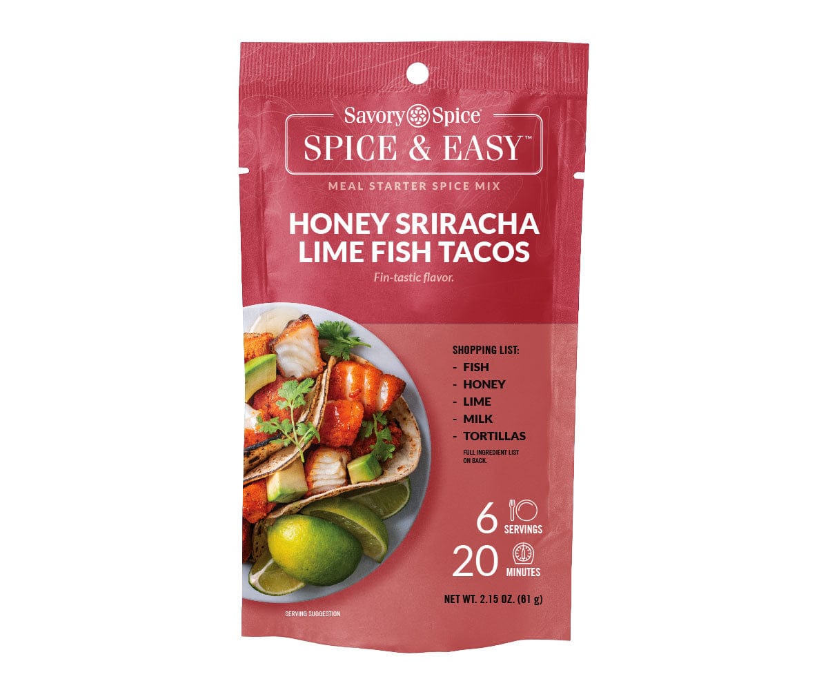 Front of Honey Sriracha Lime Fish Tacos Spice & Easy on white