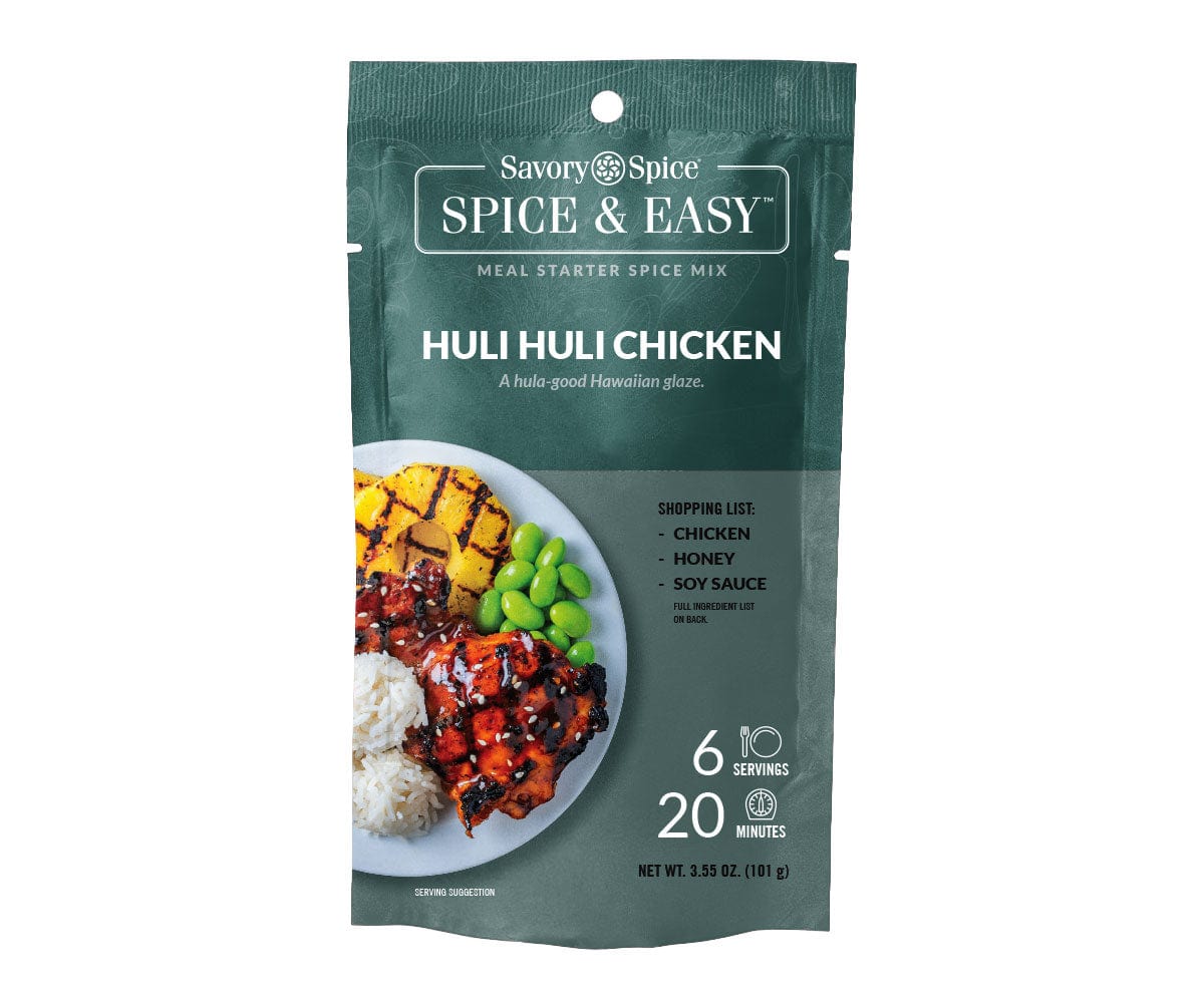 Front of Huli Huli Chicken Spice & Easy package on white