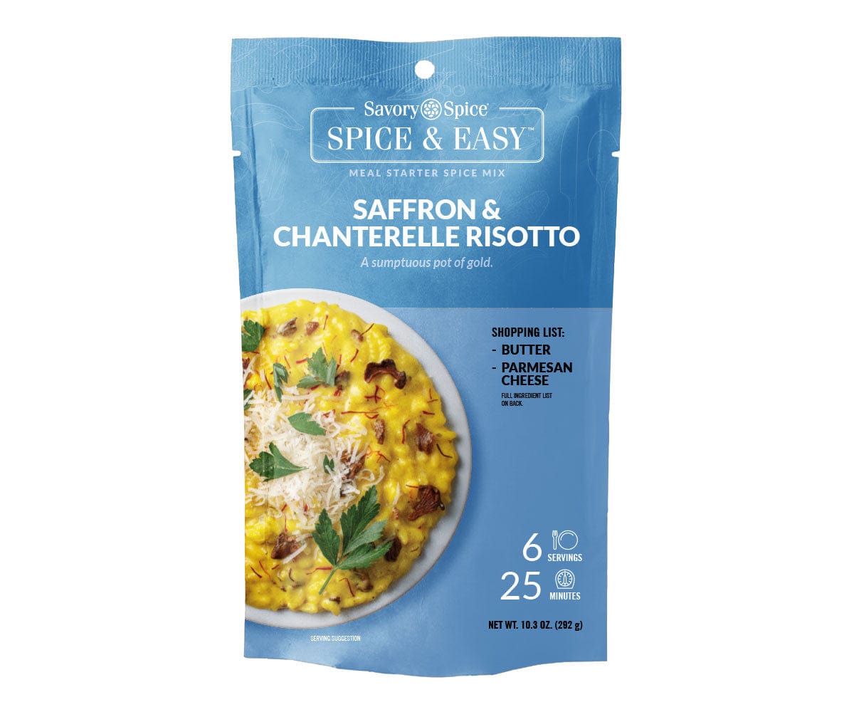 Front of Saffron & Chanterelle Risotto Spice & Easy packet on white