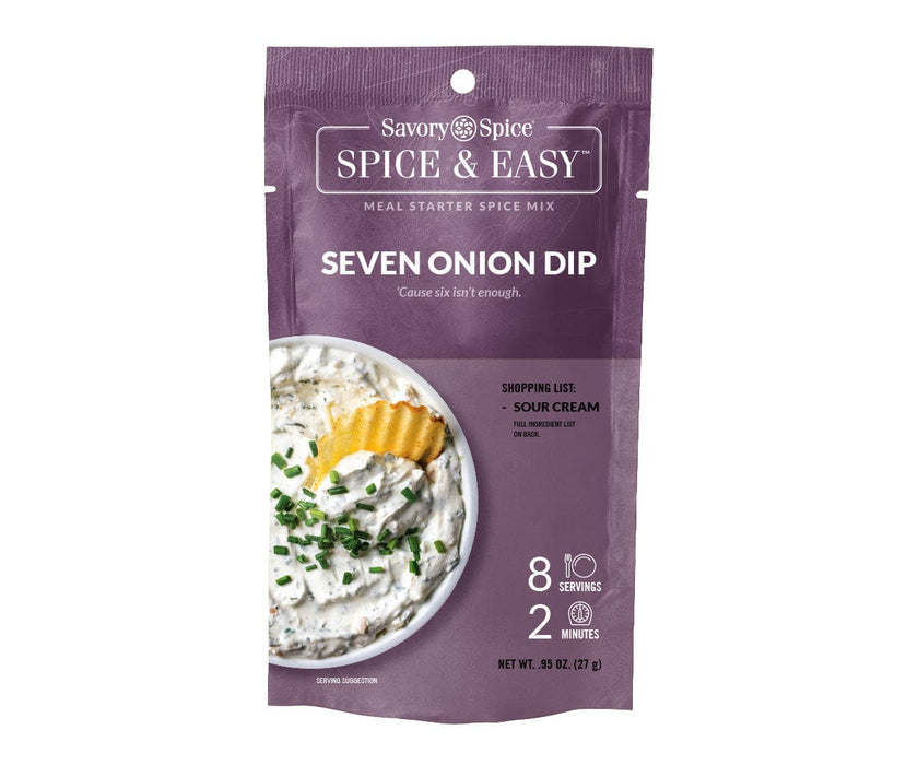 Front of Seven Onion Dip Spice & Easy packet on white