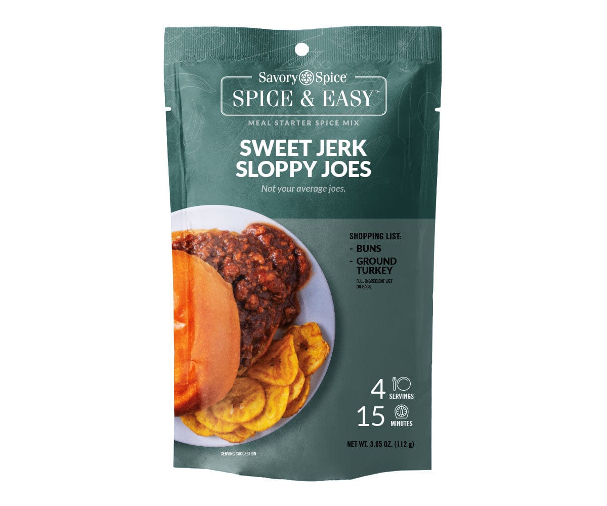 Front of Sweet Jerk Sloppy Joes Spice & Easy packet on white
