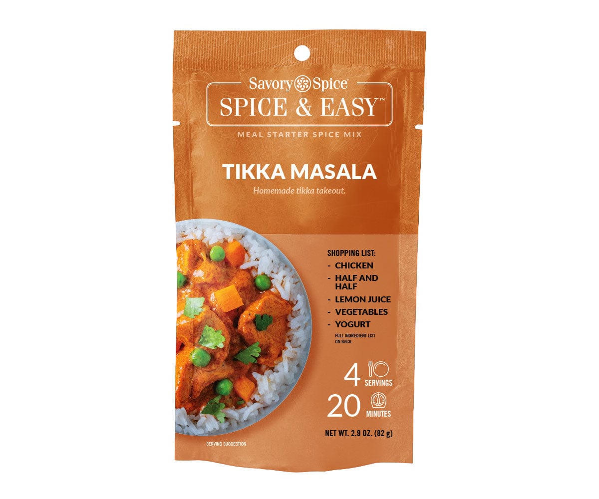 Front of Tikka Masala Spice & Easy packet on white