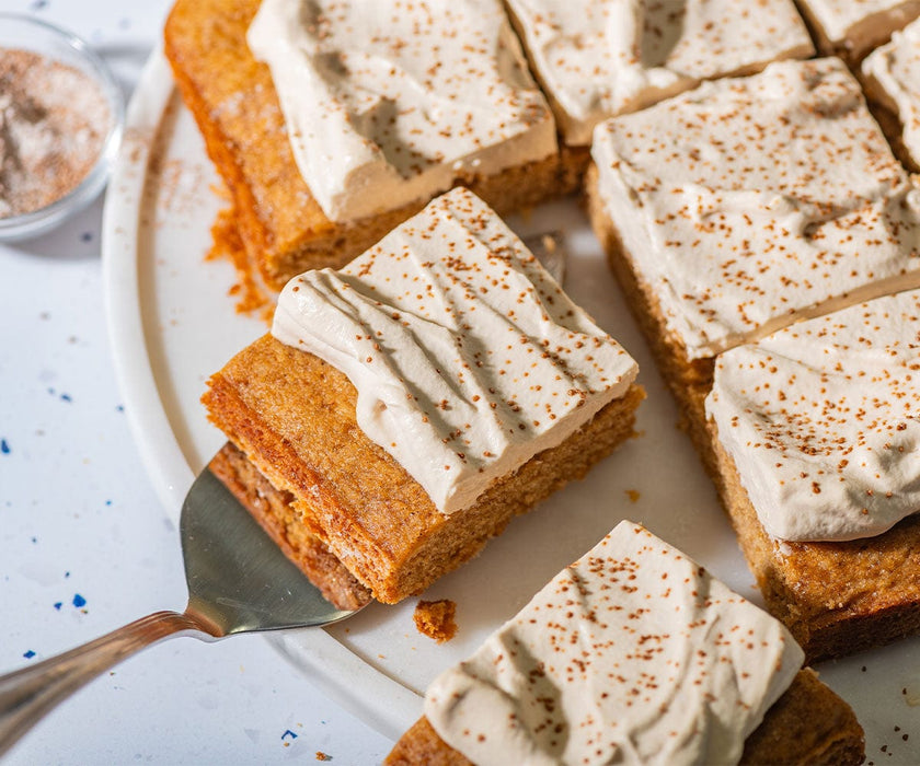 Salted Caramel Spice Snack Cake, slices on a plate.
