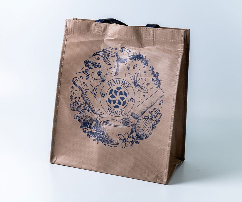 A large Savory Spice reusable bag on white.