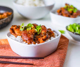 finished Korean BBQ Dish served with rice and garnished with green onions