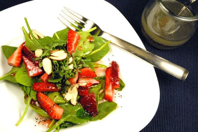 Strawberry-Basil Spinach Salad with Allspice-Bay Poppy Seed Dressing